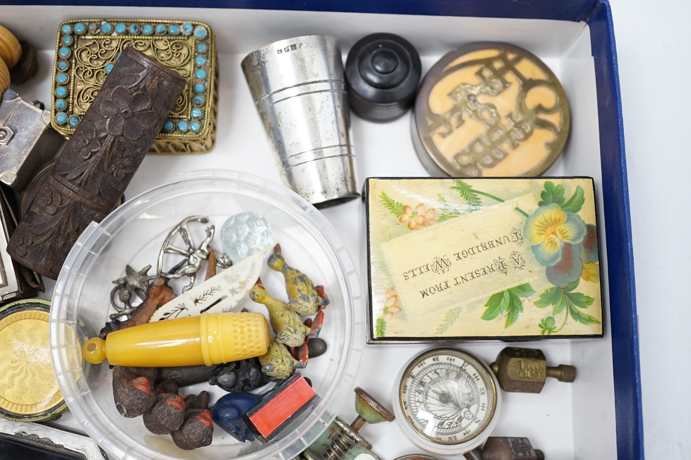 Mixed collectables to include enamel boxes, graduated weights, treen, a novelty post box money tin, etc. Condition - fair to good